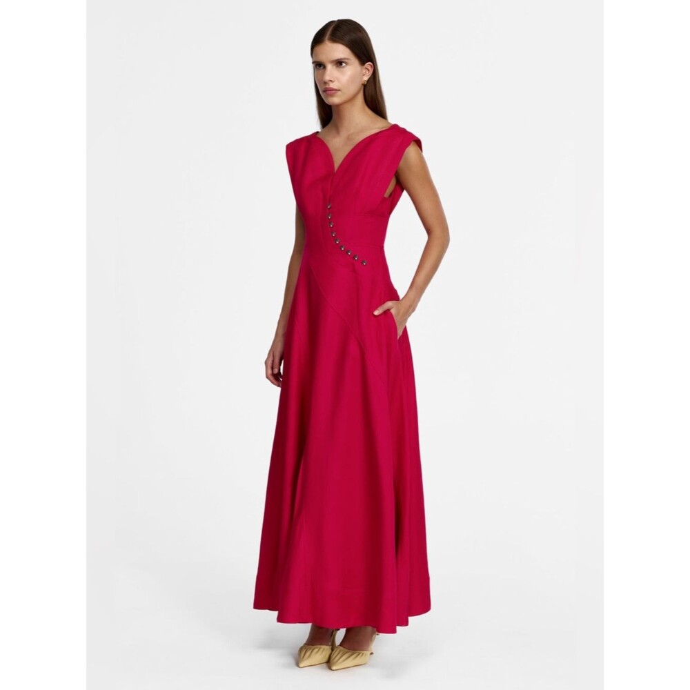 Acler Red Berry Sleeveless Fit-and-Flare MARNEY Crystal-button Maxi Dress US4